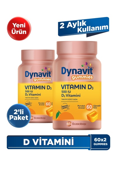 Dynavit Gummies Vitamin D3 60x2 Çiğnenebilir Form - Aile Boyu Kullanım – D Vi...
