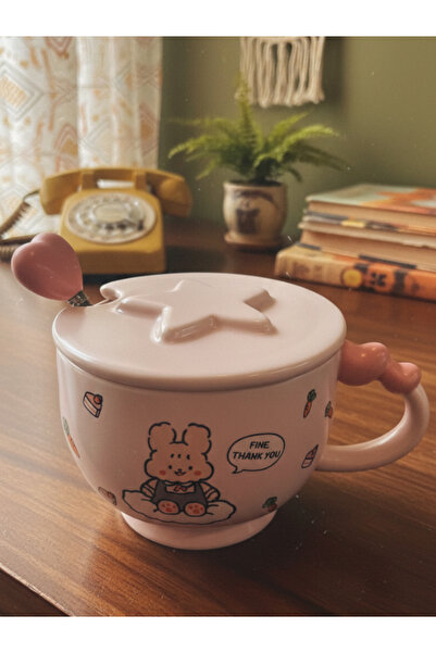 Bam Cute Rabbit and Bear Figured Ceramic Mug with Lid and Spoon 350 ml