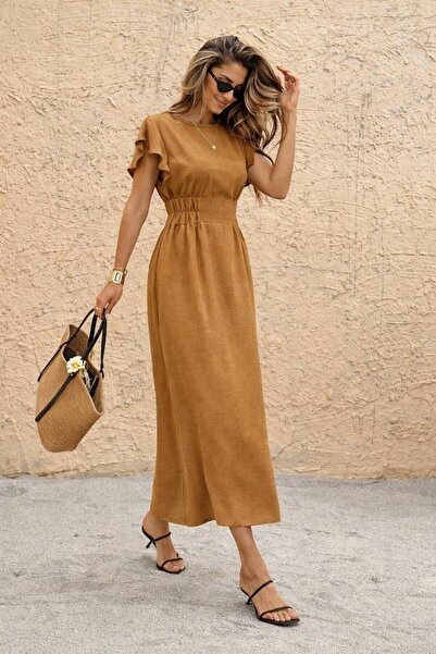 ÇEÇİM Γυναικείο φόρεμα Beli Με σούρες με κοντό μανίκι Midi μήκος μαύρο casual...