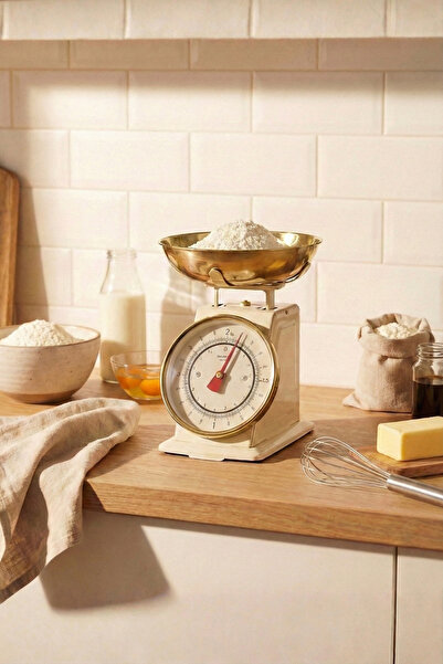 Sevinse Home 50's Style Retro Krem Gold Analog Mutfak Tartısı, Terazisi – Krem Gövde, Gold Kase
