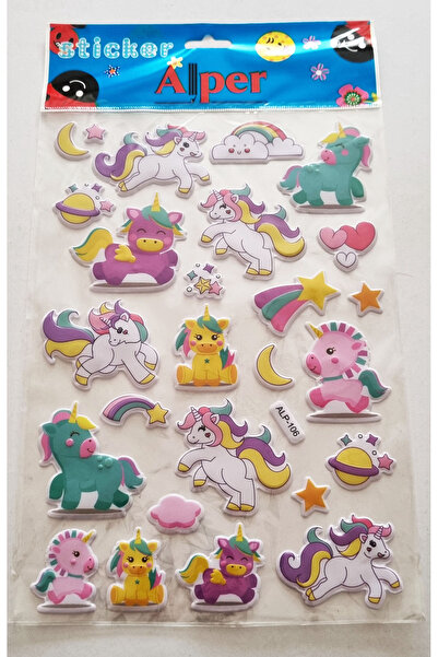 Modellino Konulu Sticker Kabartmalı Sitikır A4 Boy Yapıştırma Etiket - 3'lü Unicorn Sticker - ALP-529-106-554