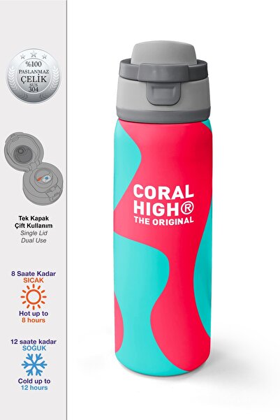 Coral High Neon Coral Turquoise Patterned Steel Thermos with Straw and Direct...