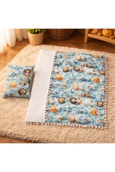 SerSev 3D 100% Cotton Muslin & Pique Baby Blanket, Pillow and Single Layer Muslin Set with Pompom 3-Piece Baby Set