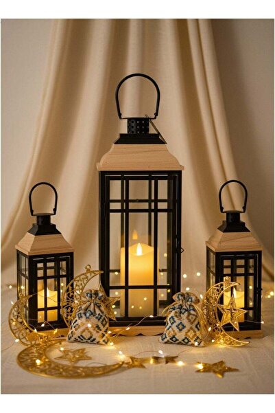 Living طقم فوانيس رمضانية مكون من 3 قطع، أسود، 60 سم، 45 سم، 25 سم