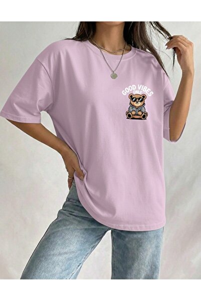 BUWOM Kadın Good Vibes Only Bisiklet Yaka T-shirt