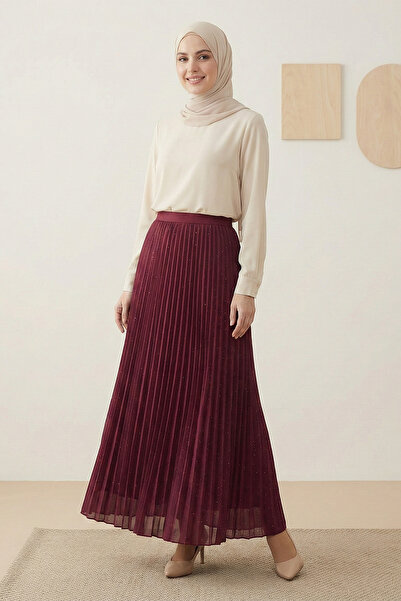 Kirazgym Women's Stoned Detailed Pleated Hijab Long Skirt - Burgundy