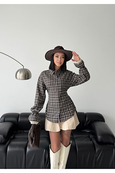 Cistern İstanbul Women's Plaid Shirt with Lace on the Sleeves