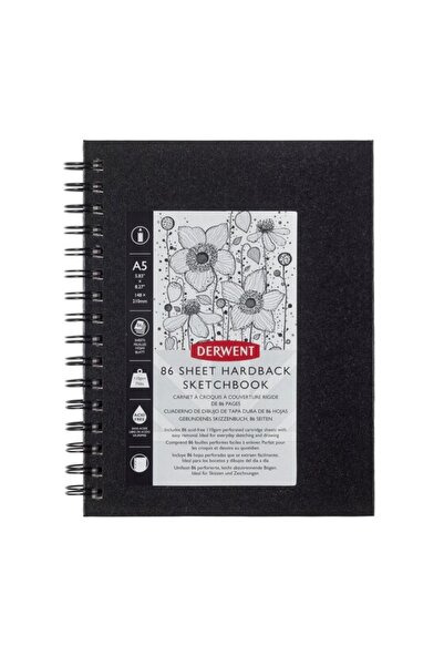 Derwent Caiet de schițe spiralat A5, 86 de coli, 110 g, copertă neagră, profe...