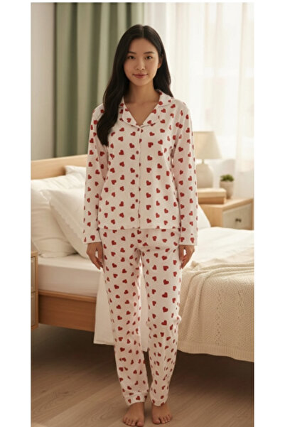 Pijamask Women's Heart-Patterned Button-Front Pajama Set
