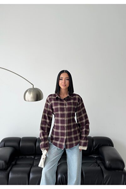 Cistern İstanbul Women's Plaid Shirt with Lace on the Sleeves