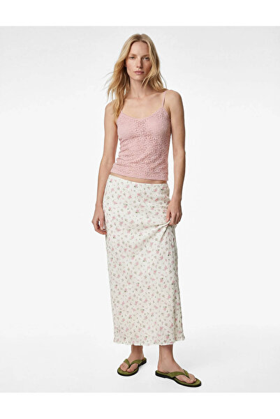 Koton Γυναικεία φούστα Slim Fit Floral Midi Lace Λευκή 6SAK10027UK