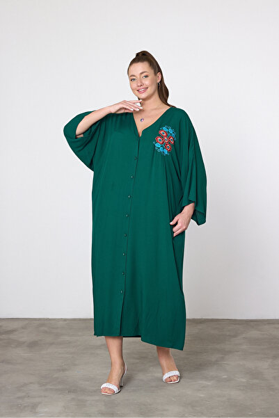 Tubik Women's Authentic Embroidery Detailed Plus Size Shirt Dress with Pockets