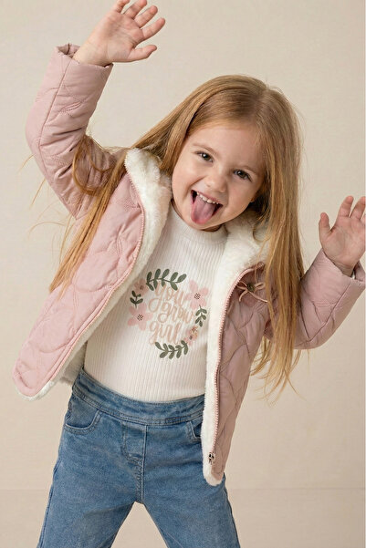 Gebelog Kız Çocuk Kürk Yakalı Mont Tişört ve Pantolon 3'lü Takım