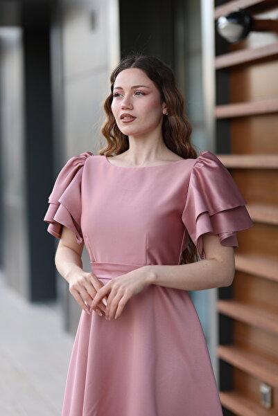 SEVGİHELLAÇ LEİLA MİDİ BOY GÜL KURUSU KLOŞ NİKAH/NİŞAN ELBİSESİ