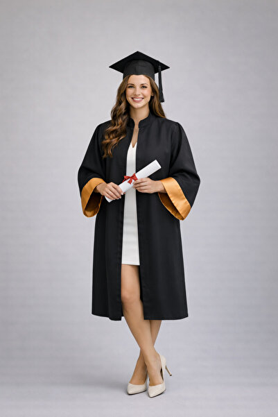 AYDAĞ ÜNİVERSİTE MEZUNİYET CÜBBESİ VE KEPİ SİYAH TURUNCU UNİSEX