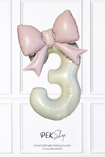 PEKSHOP Pembe Fiyonk Balonlu Krem Rakam Folyo Balon 3 Yaş Balonu Seti