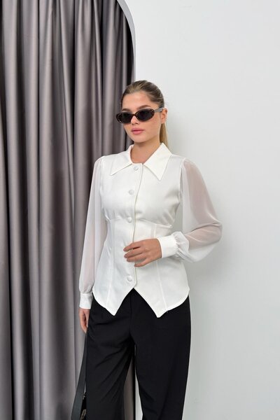 RB CLUB Belden Pleated Detailed Chiffon Sleeve Black Blouse Ecru