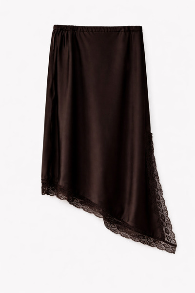 FREZZBİ Asymmetric Midi Skirt with Lace Details and Satin Surface
