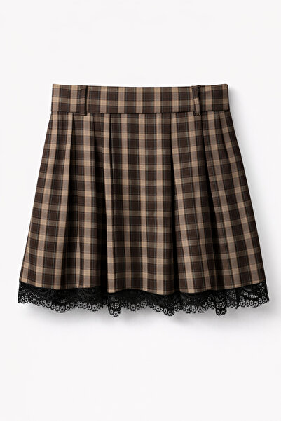FREZZBİ Women's Plaid Ruched Pleated Mini Skirt