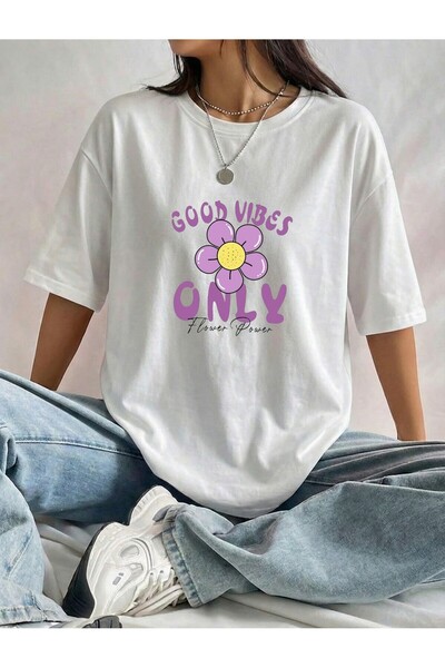 BUWOM Γυναικεία μπλούζα Good Vibes Only με φλοράλ στάμπα και λαιμόκοψη ποδηλάτου