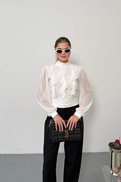 RB CLUB Chiffon Balloon Sleeve Ruffle Detailed High Neck Black Blouse Ecru