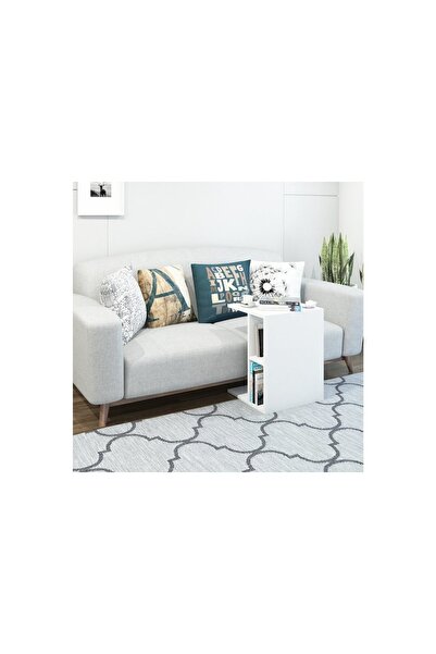 Sehpa Market C Tipi Beyaz Koltuk Yanı Sehpa Raflı – Modern Kitaplıklı Yan Masa