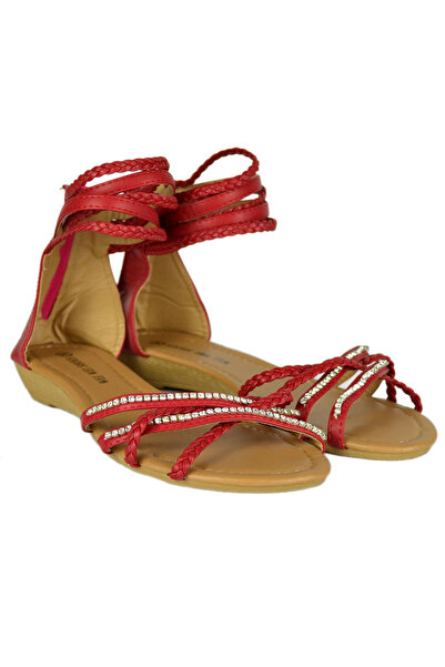 Elis Fashion Sandale rosii cu talpa joasa si cristale #1589