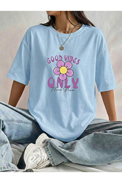 BUWOM Γυναικεία μπλούζα Good Vibes Only με φλοράλ στάμπα και λαιμόκοψη ποδηλάτου