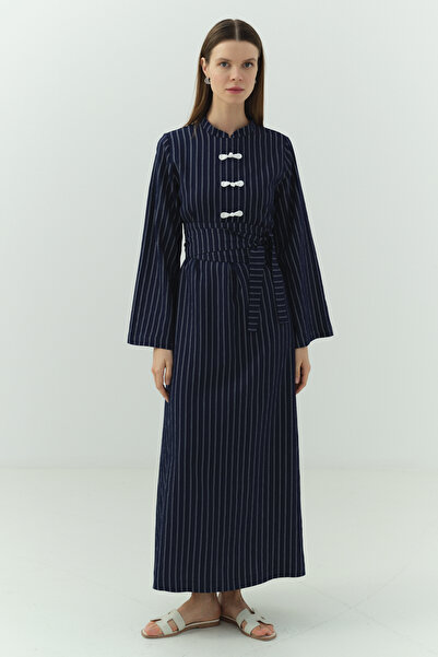 FUSHYA Japon Düğme Detaylı Çizgili Elbise