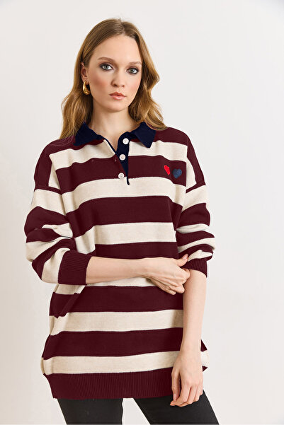 Olalook Women's Burgundy Collar Detailed Heart Embroidered Polo Collar Knitwe...