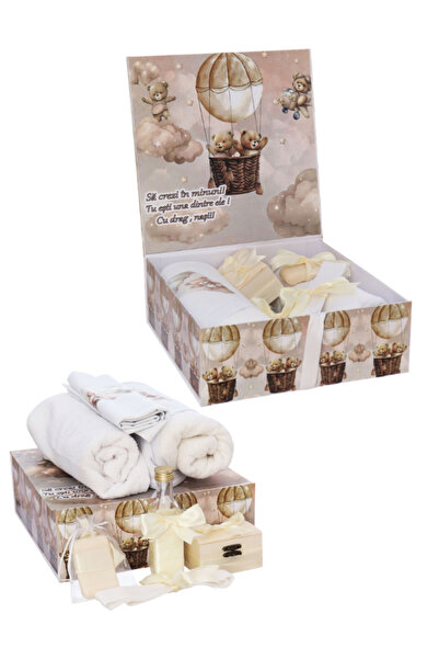 Flashmarket Trusou botez Baietel 8 piese cu Ursulet in Balon Bej – Set comple...