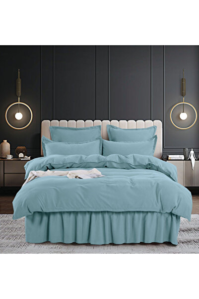 Inovius Lenjerie de Lux Volanase Pentru Pat Dublu Bumbac Finet, Albastru Desc...