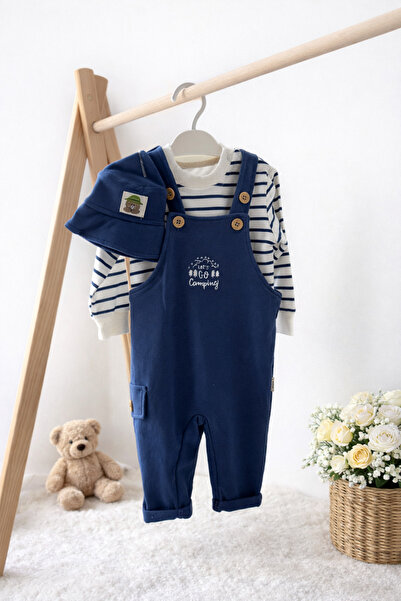 ASİLA Safari Şapkalı Şeritli Sweatshirt 3’lü Erkek Bebek Salopet Takım