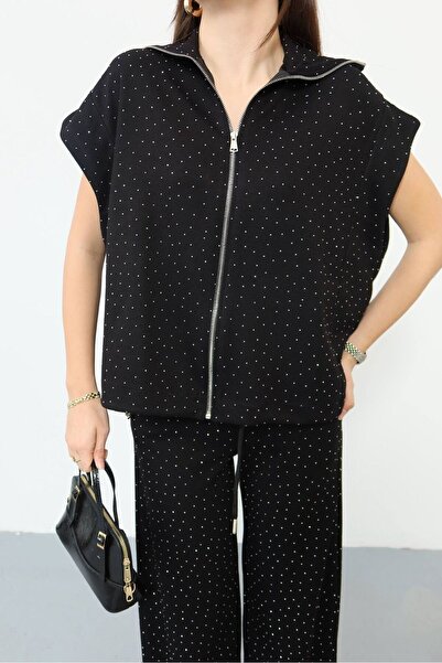 eBaa fashıon TAŞLI KOLSUZ LASTİKLİ YELEK PANTOLON ALT ÜST TAKIM