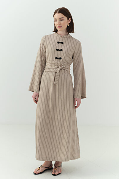 FUSHYA Japon Düğme Detaylı Çizgili Elbise