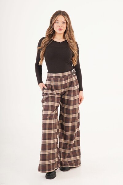 Hipo Trend Plaid Pattern Belt Detail Extra Loose Brown Trousers