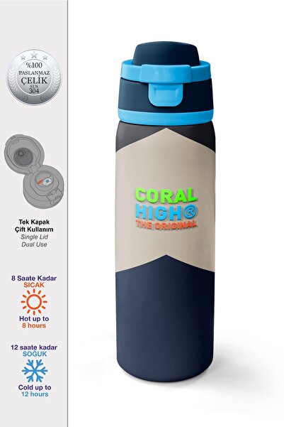 Coral High Navy Blue Dark Gray Beige Patterned Steel Thermos with Straw and D...