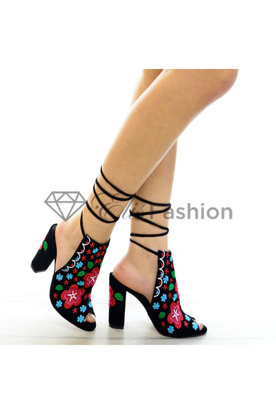 Elis Fashion Black sandals with embroidery and 10.5 cm heel #4158