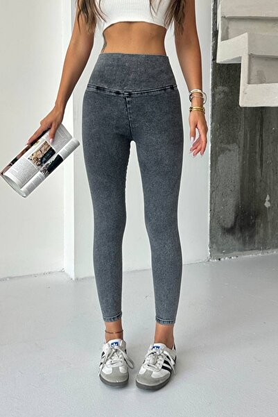 moda poni Women's Smoked Denim Look High Waist Slimming Leggings