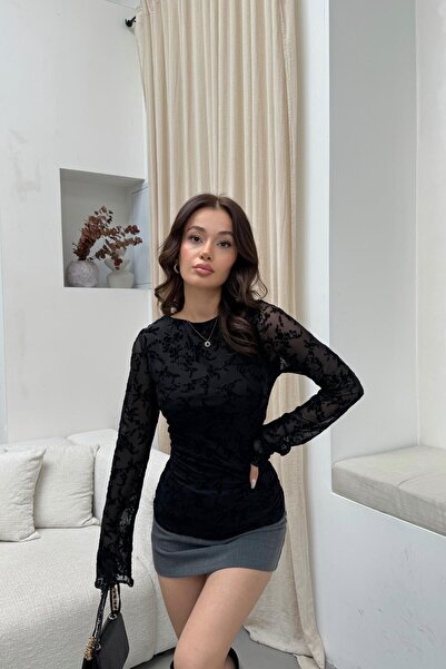 mylove Side Gathered Lined Tulle Blouse Black