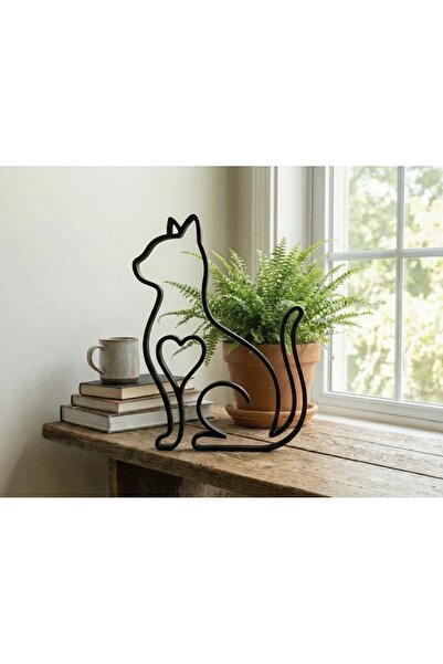 Kalpli Minimalist Kedi Silüeti Biblo Modern Çizgi Sanatı Dekoratif Obje ve Duvar Tablosu (22×18 cm)