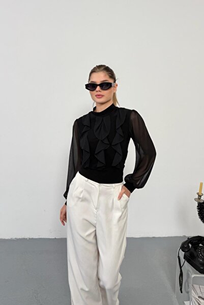 RB CLUB Chiffon Balloon Sleeve Ruffle Detailed High Neck Black Blouse Black