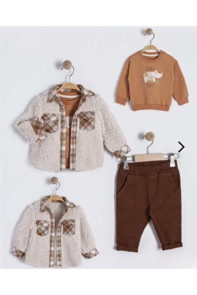 Bebüş BEBÜŞ-16364 18 AY BEJ PELUŞ GÖMLEKLİ ERKEK 3LÜ TAKIM