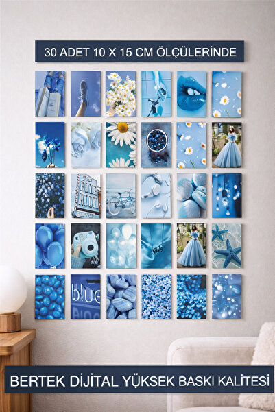 bertekdijital Mavi Temalı 30 Adet Duvar Poster Seti, Özel Tasarım, Oda Dekoru...