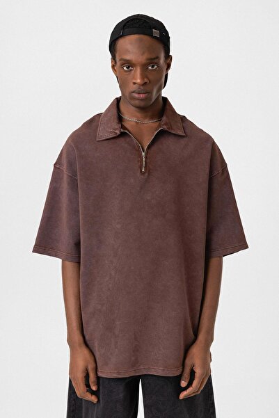 VAMOSCLO Polo collar oversize washed t-shirt coffee