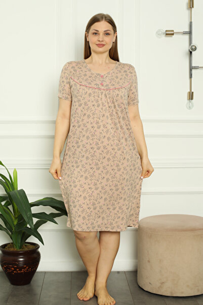 İntensive Patterned Buttoned Ribbed Lycra Short Sleeve Plus Size Nightgown