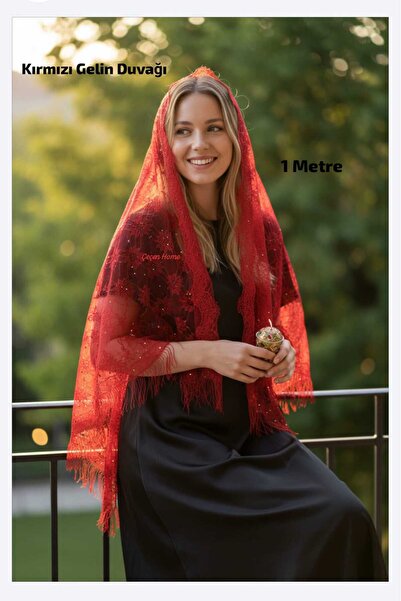 ÇEÇEN HOME Sa resama , Sa gipir čipkom Crveni svadbeni veo za mladence - henn...