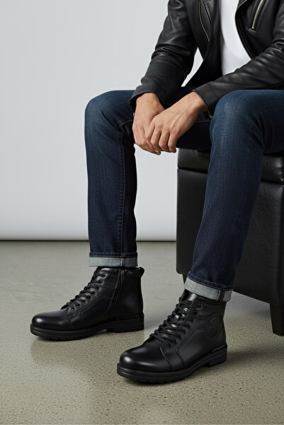 Berenni Men's Black Lace-Up Leather Boots – Zippered, Comfortable for Daily &...