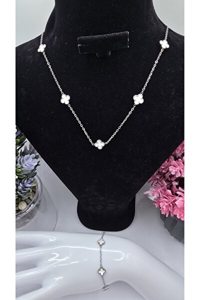 GUNESTAKI Küçük Boy Beyaz Van Cleef Yonca Model Gümüş Renk Paslanmaz Çelik Ko...