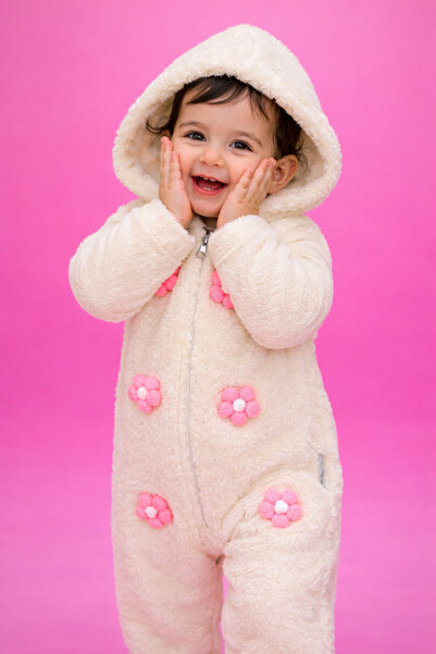 Chicsy Baby Baby Girl Floral Detailed Hooded Plush Zippered Jumpsuit